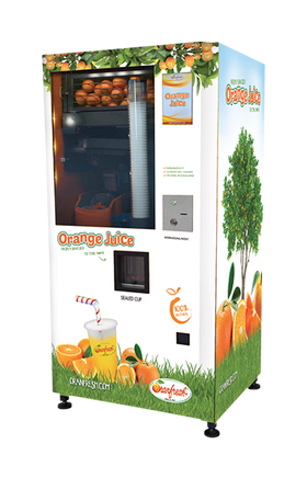 Juicer- orange dispenser in glasses with insulating foil or takeaway